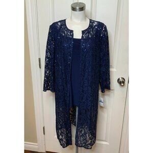 Alex Evenings Navy Blue Floral Lace Sequin Lined Kimono 2 PC Top Size XL NWT!
